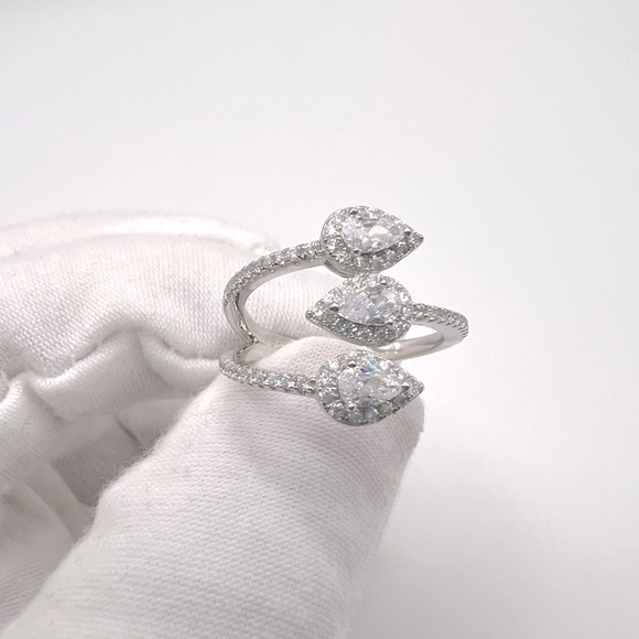 Halo Triple Pear .925 Sterling Silver Wrap Design Cz Ring - Picture 8 of 15